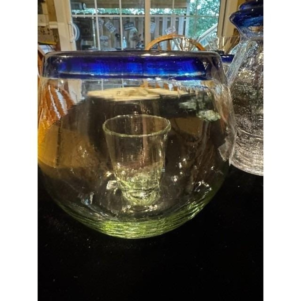 RARE Hand Blown Mexican Glass Centerpiece-Cobalt Blue Rim With Attached Votive